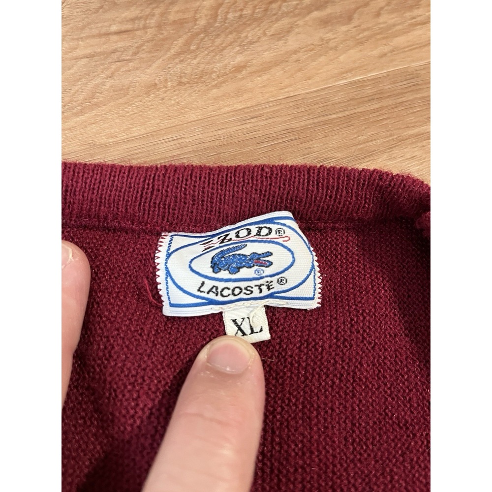 Izod Lacoste Sweater Red XL Pullover V Neck Blue Alligator Vintage USA ILGWU - Picture 2 of 7